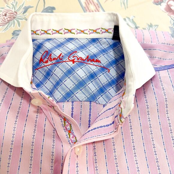 Robert Graham Other - ROBERT GRAHAM Sz L Embroidered Pink Stripe Shirt Cuff Knowledge Wisdom Truth EUC